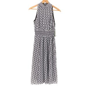 Sam Edelman Geo Mock Neck Smock Waist Midi Dress Womens Size 4 Black White NWT